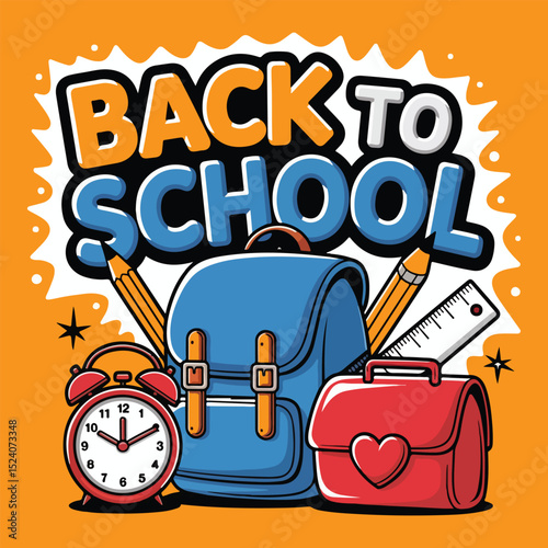 Back to School Supplies Cartoon Colorful Backpack, Alarm Clock, Pencil
