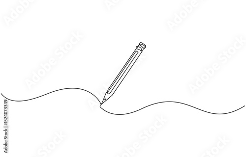 One continuous line drawing of pen writing thin stroke. Pencil symbol of study and education concept in simple linear style,  outline, banner in minimalism style.