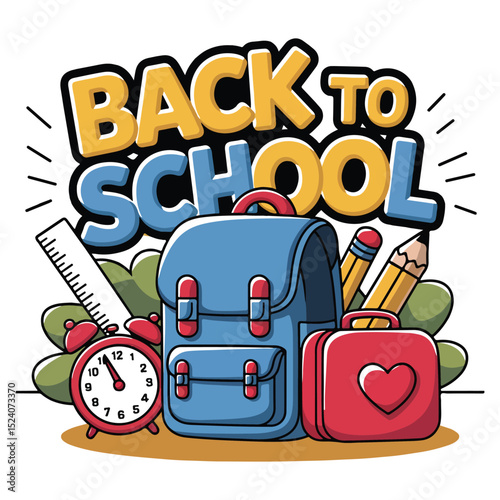 Back to School Supplies Cartoon Colorful Backpack, Alarm Clock, Pencil

