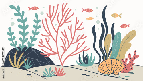 Underwater Wonderland: Dive into an aquatic paradise with vibrant coral, swaying seaweed, and playful fish. This illustration embodies the serene beauty of the ocean's depths.