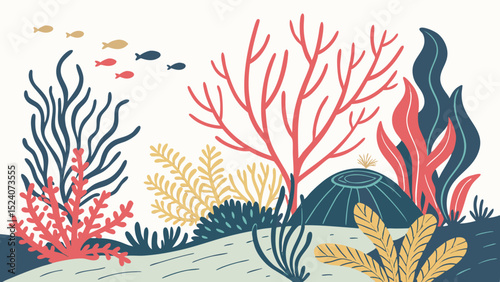 Vibrant Underwater Scene: A stunning illustration of an underwater world brimming with life, showcasing a colorful coral reef, various plants, and a school of swimming fish.