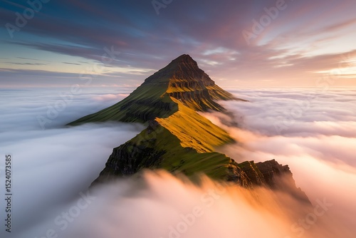 Majestic Icelandic Peak Piercing Through a Sea of Clouds at Sunset