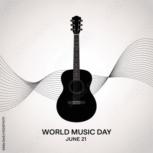 World Music Day in  June 21  Minimalist guitar silhouette illustration with flowing musical waves for World Music Day celebration. Great for music events, international music festivals, and creative.