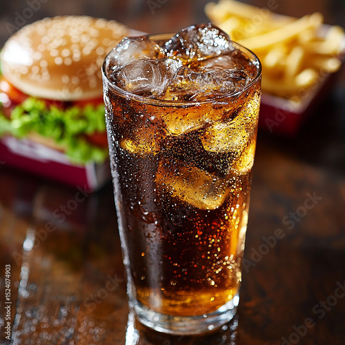 A tall glass of dark cola filled with ice cubes, bubbles fizzing to the surface, chilled and refreshing. The condensation on the glass hints at the cool, crisp sweetness inside.

