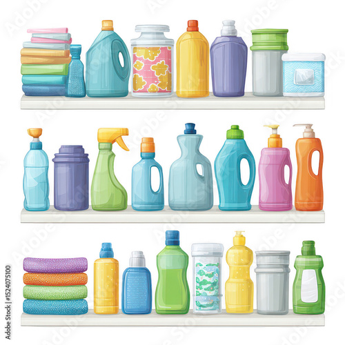Colorful and Organized Household Cleaning Products and Detergents on Shelves for Home Care and Maintenance Purposes Displayed in a Modern Style