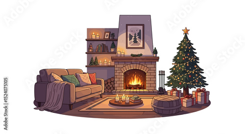 Cozy Christmas Living Room with Fireplace and Decorated Tree