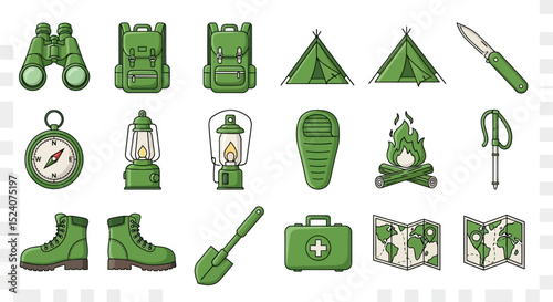 Camping Gear Icons  Complete Set of Essential Equipment Illustrations for Hiking and Outdoor Adventures