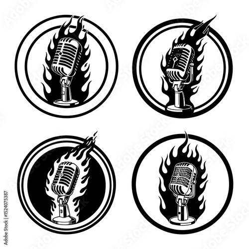 Flaming vintage microphone icon set. EPS Vector silhouette file of retro mic flames, rock and roll microphone logos black illustration