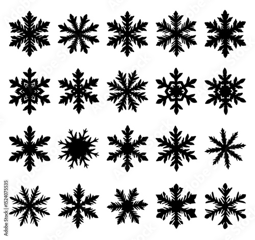 Snowflake pattern silhouette collection. EPS Vector silhouette file of winter snow crystal designs, seasonal decorative motifs black illustration
