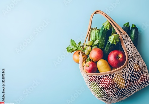 Fototapeta Naklejka Na Ścianę i Meble -  Eco-friendly mesh bag with fresh fruits and vegetables against blue background