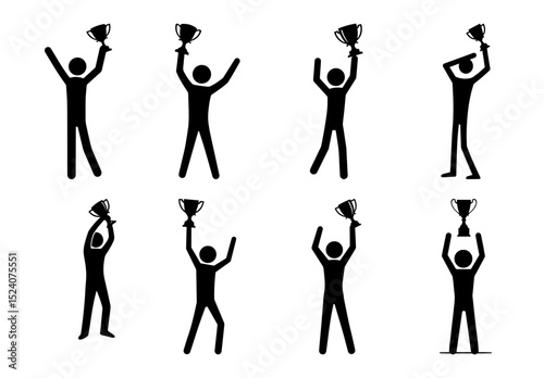Stick figures celebrating with trophy icons. EPS Vector silhouette file of success poses, achievement gestures, and award celebration black illustration