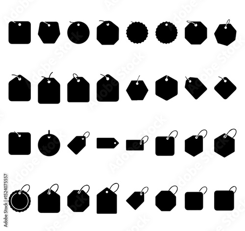 Various tag shapes icon set. EPS Vector silhouette file of price tags, label shapes, and label badges black illustration