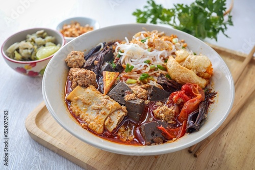 Rice Vermicelli with Northern Thai Curry Sauce, Thai called Khanom Jeen Nam Ngiao, Northern thai cusine