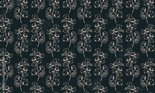 Cotton branch pattern on a dark grey background vector seamless ornament for textile, fabric, interior, ceramic, wallpaper, paper decoration