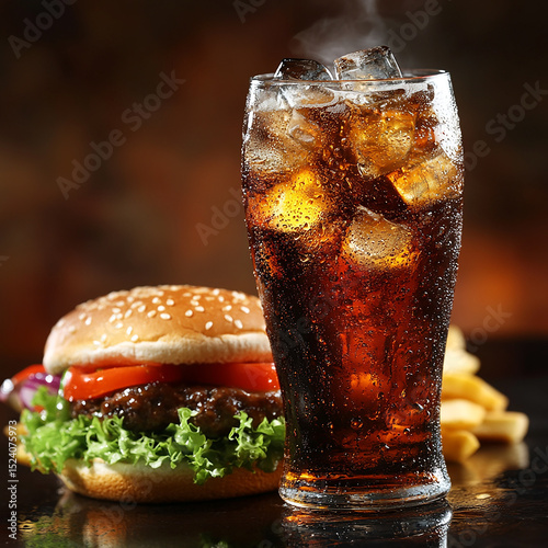 A tall glass of dark cola filled with ice cubes, bubbles fizzing to the surface, chilled and refreshing. The condensation on the glass hints at the cool, crisp sweetness inside.

