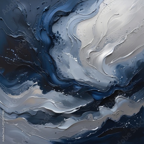 Impressionistic Navy and White Acrylic Pour Abstract