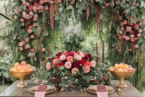 A Romantic Wedding Table Setting with Lush Floral Arch and Peach Accents