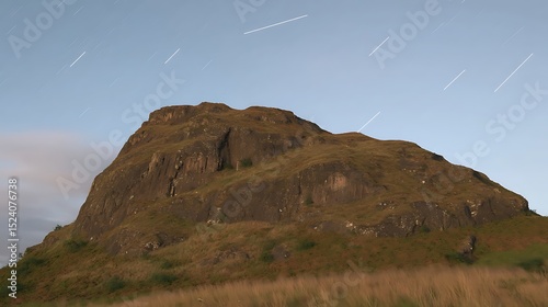 Edinburgh mountain with moving stars long exposure