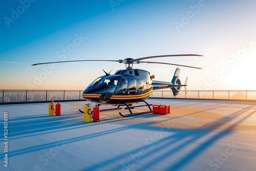 A Sleek Black Helicopter Resting on a Rooftop Helipad at Sunrise