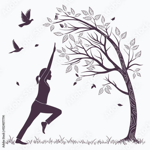 Woman practicing yoga outdoors near tree
