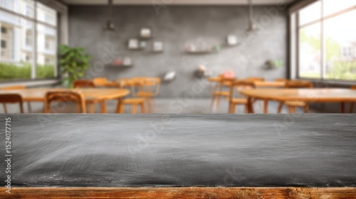 Slate chalkboard surface mockup with matte finish in foreground and softly blurred classroom background