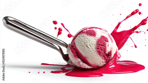 Floating ice cream scoop with vibrant berry coulis splashes isolated on white background