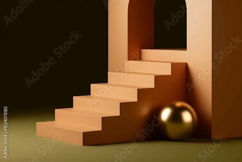 Abstract Architectural Structure with Golden Sphere and Staircase