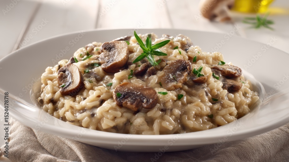 creamy mushroom risotto on wide plate, photorealistic detail, white backdrop creamy mushroom risotto on wide plate, photorealistic detail, white backdrop