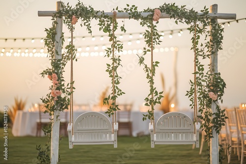 Romantic Garden Wedding Swing Setup with Fairy Lights