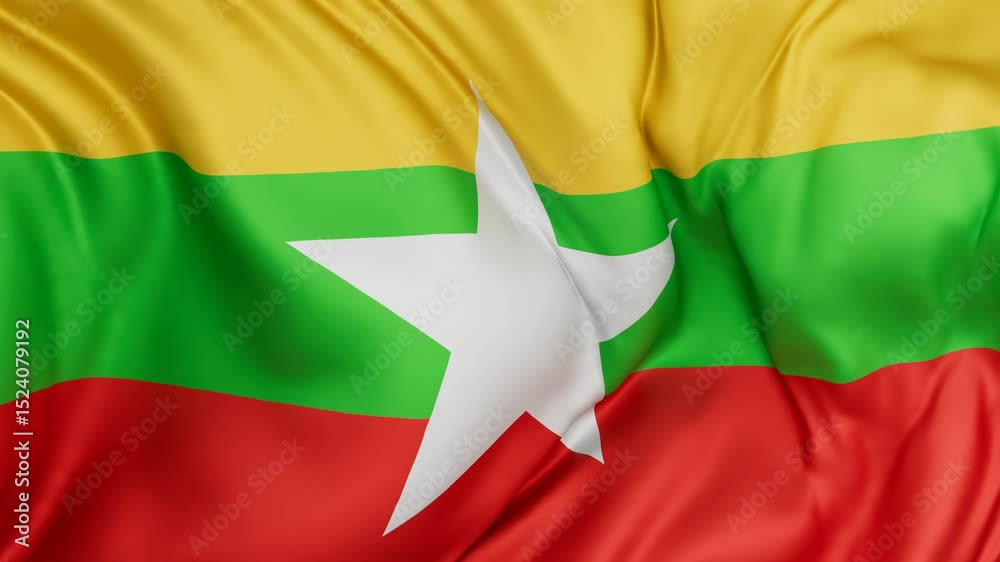 Myanmar or Burma flag swaying in the wind, endless cycled loop video background