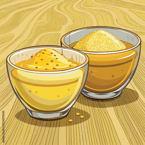 Two Bowls of Cornmeal and Cornmeal Porridge on a Wooden Table