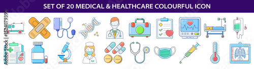 Colorful medical and healthcare icon set with ambulance, doctor and other healthcare elements