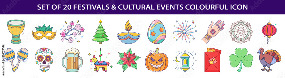Fototapeta premium Collection of Twenty Festival and Cultural Event Icons in Colorful Style