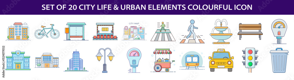 Fototapeta premium Collection of 20 City Life and Urban Elements Colorful Vector Icons Set