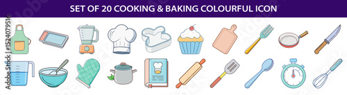 A vibrant set of twenty colorful cooking and baking icons illustration