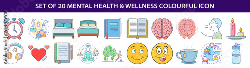 Colorful icon set for mental health and wellness, a holistic collection