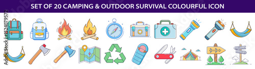 Set of twenty camping and outdoor survival colorful icons, vector illustration