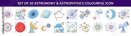 Collection of twenty astronomy and astrophysics related colorful icons in vector format