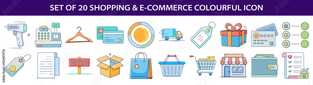 Fototapeta premium Set of 20 colorful ecommerce icons including shopping cart and payment options