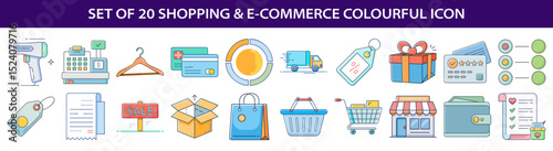 Set of 20 colorful ecommerce icons including shopping cart and payment options
