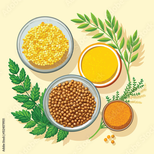 Illustration of Lentils Mustard Seeds and Mustard Oil with Greenery
