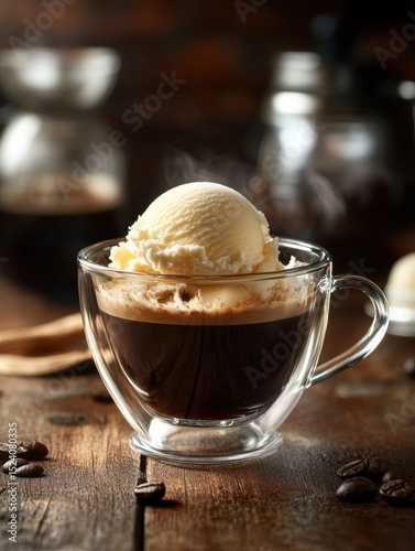 Affogato. Ice cream vanilla with espresso. Cup of Coffee on wooden table at Cafe. 