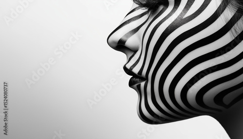 Perfil lateral de um rosto humano com padrão listrado em preto e branco em design minimalista photo