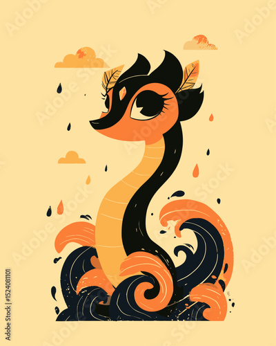 Whimsical Cartoon Sea Creature in Vibrant Colors Against a Yellow Background