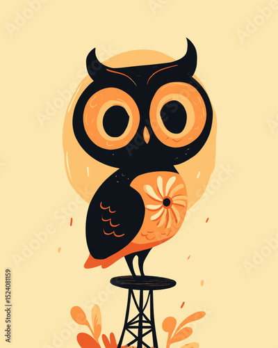 Colorful Cartoon Owl Illustration on Tower with Floral Design Elements