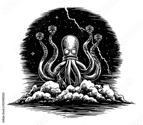 Vintage Engraving of a Mystical Octopus with Tentacles in Cosmic Scene