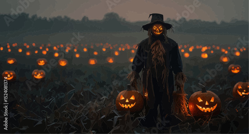 A scarecrow is positioned in a field filled with pumpkins, creating a festive autumn atmosphere.