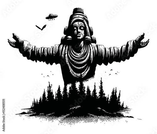 Monumental Statue with Forest and UFOs in Engraved Illustration Style