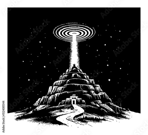 Black and White Engraving of a Mysterious Mountain with UFO Beam