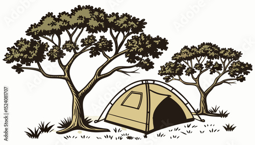 High-quality vector icon of a cozy camping setup with a tent under two symmetrical trees, designed with golden ratio proportions. White background for easy transparency use 